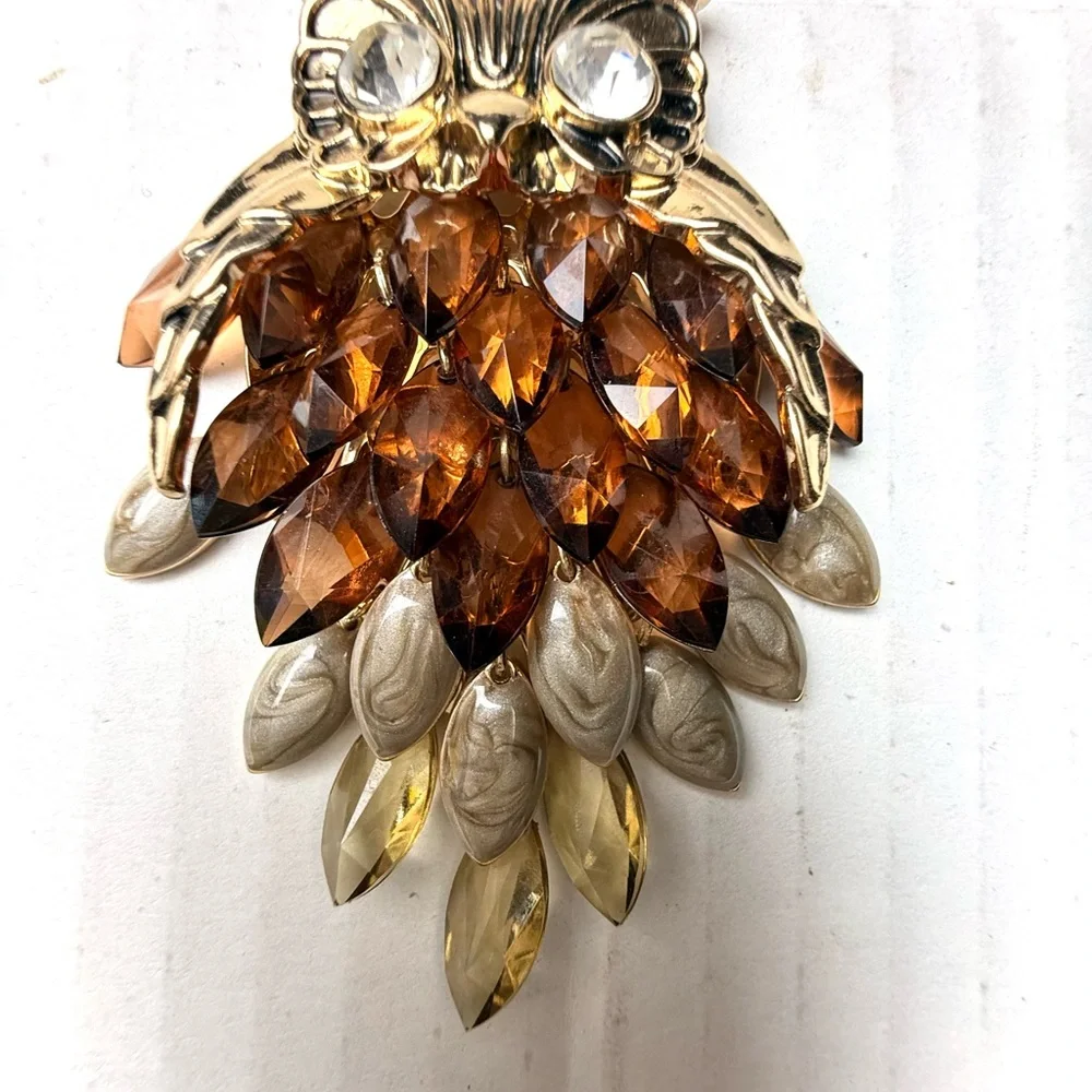 Vintage Napier‎ Necklace Gold Tone Articulated Owl New Amber Stones Large 32”